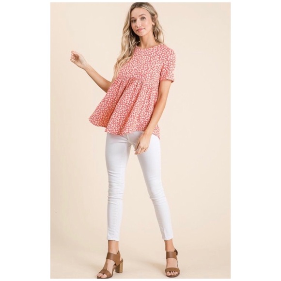 CLEARANCE Ditsy Coral Floral Short Sleeve Babydoll Top - Picture 5 of 5